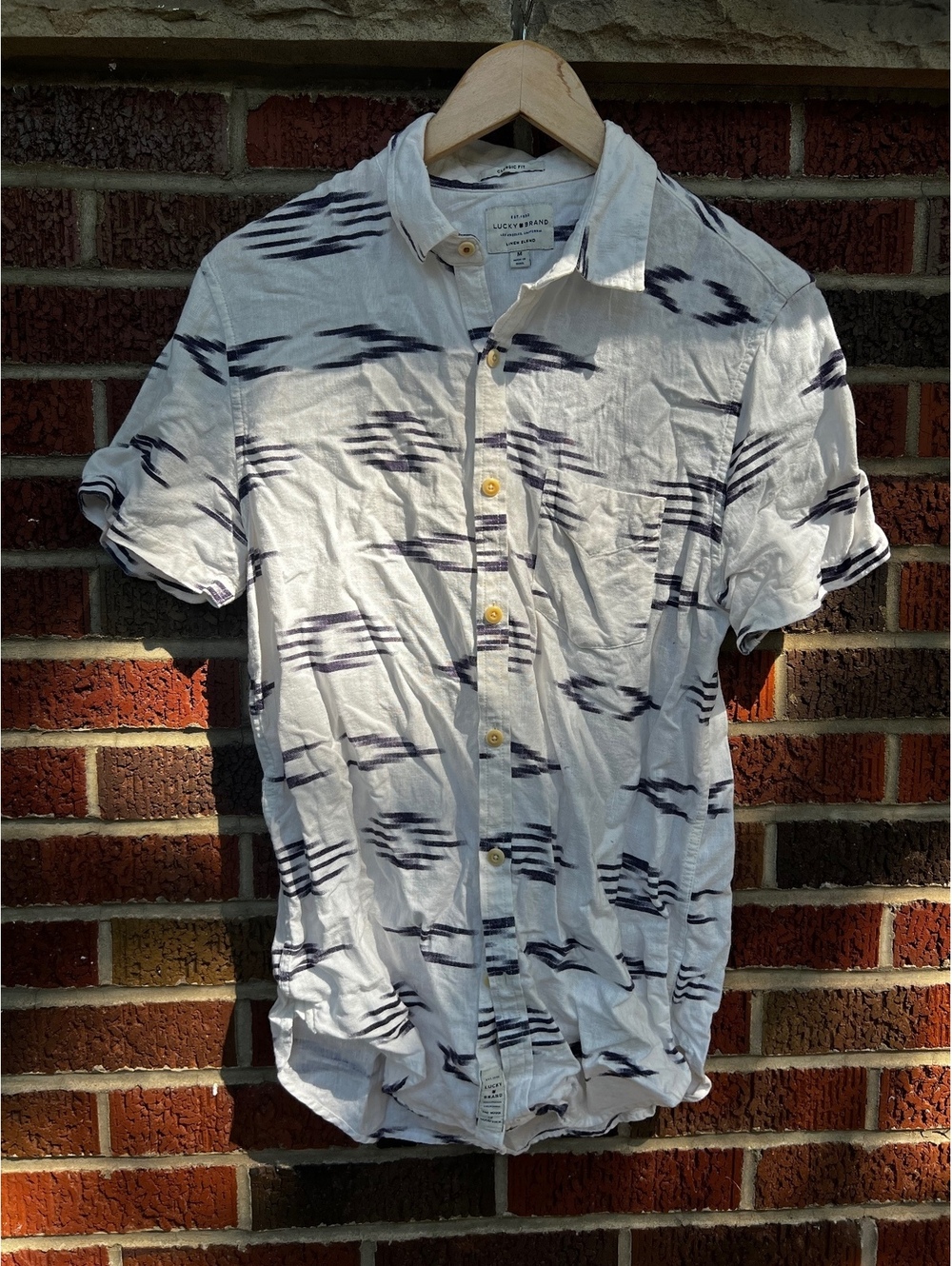 Lucky Brand Cream and Navy Blue Aztec Print Button Down Short Sleeve Shirt